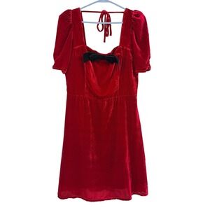 WAYF Red Velvet Puff Sleeve Mini Dress with Black Bow Accent Size M